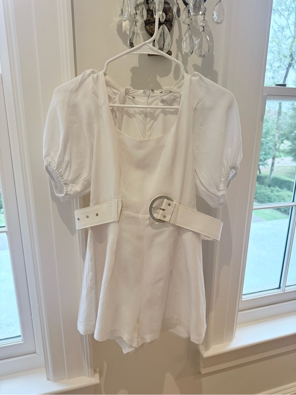 Lavender Brown White Puff-Sleeve Belted Romper